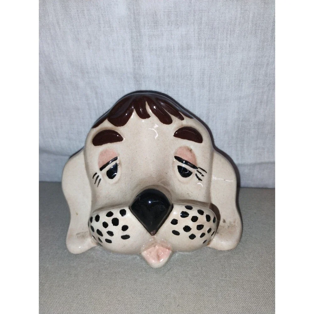 Vintage Ceramic Dog  Figurine Sad Puppy Face  Hand Painted 1981